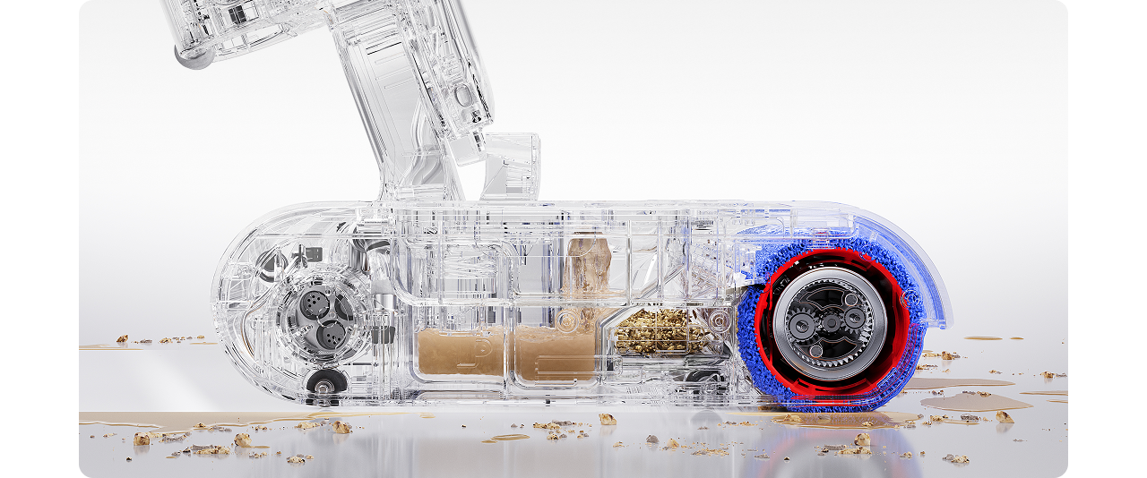 Cutaway showing how Dyson wet cleaner heads separate debris and wash with clean water