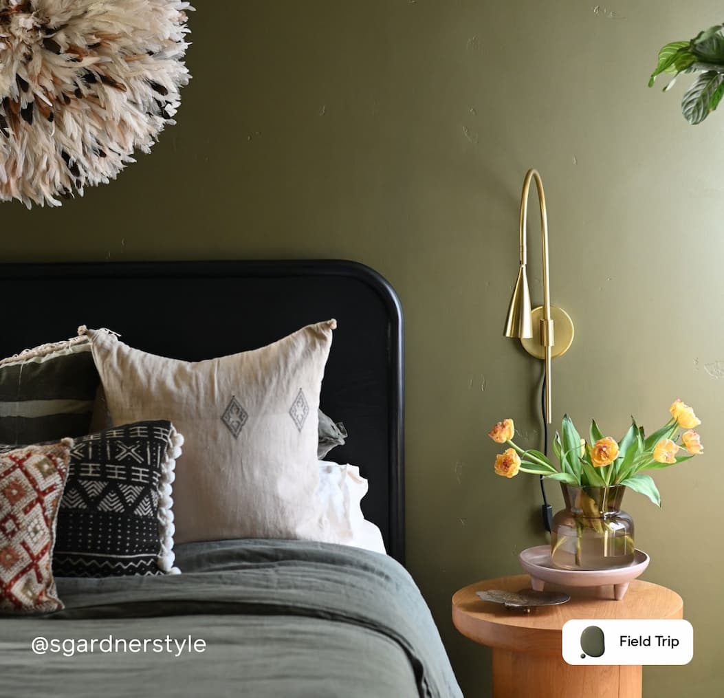 Bedroom featuring dark green paint color Field Trip