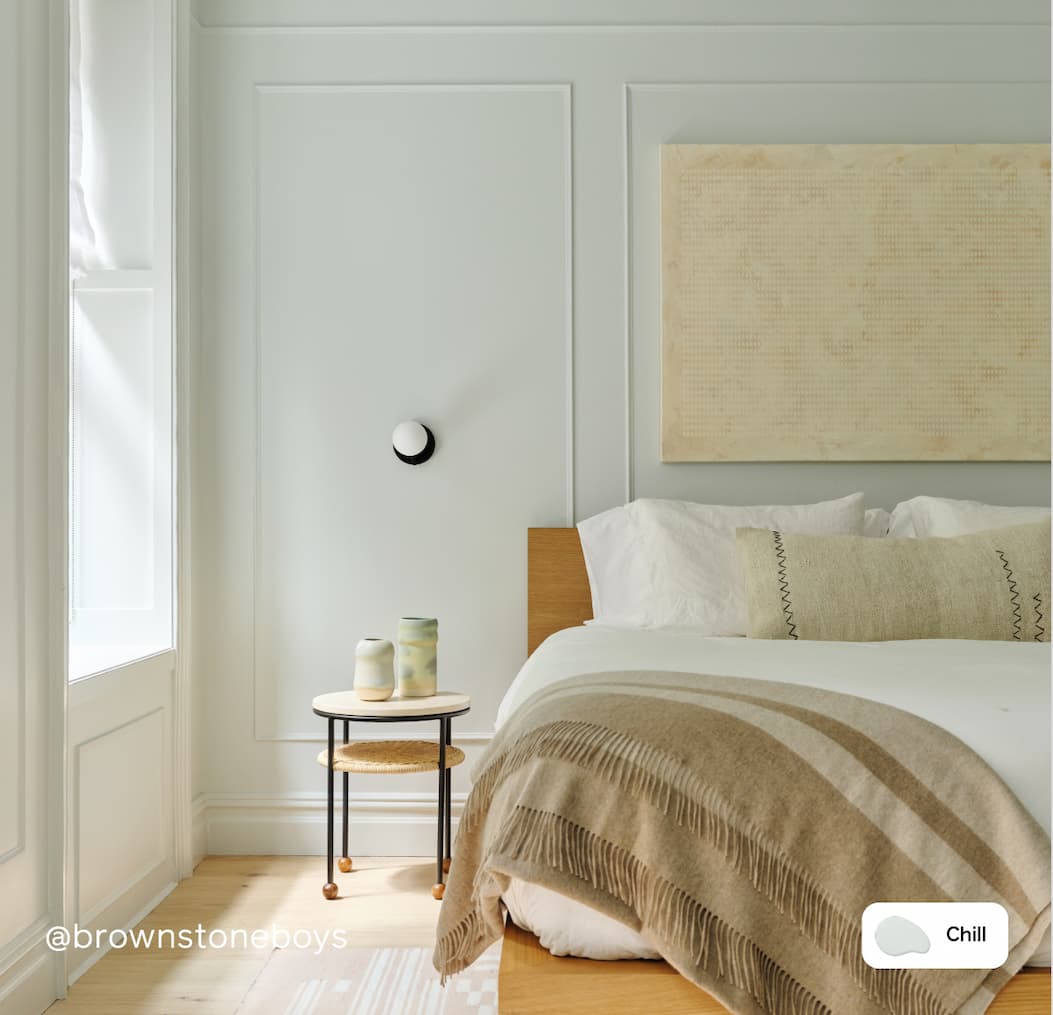 Bedroom featuring light gray paint color Chill