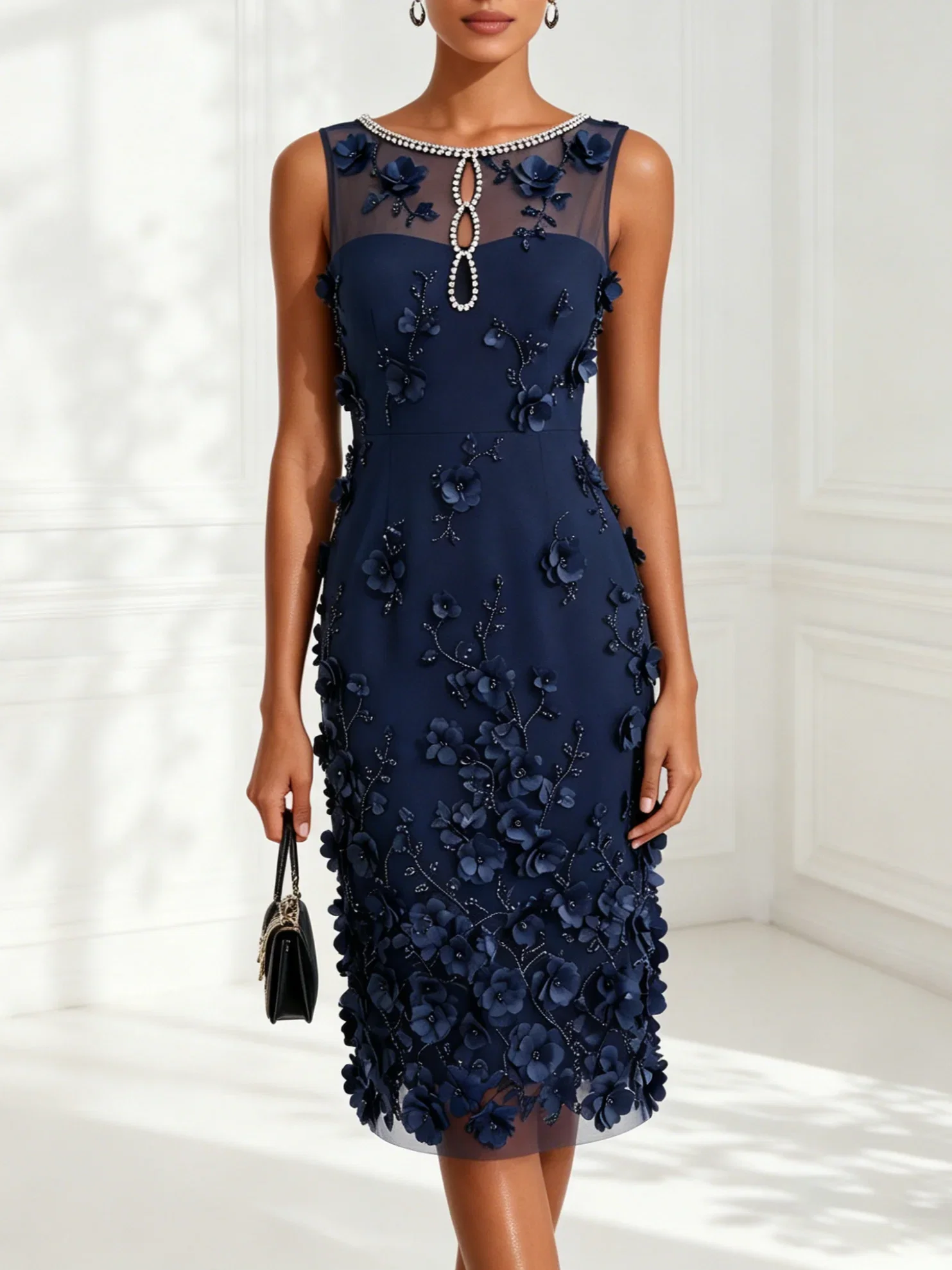 Navy Blue 3D Floral Appliqué Rhinestone Classic Boat Neck Sleeveless Sheath Midi Dress