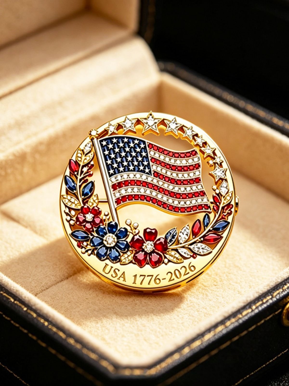 USA 250th Anniversary Commemorative Brooch – Semiquincentennial Patriotic Flag Pin with Crystals