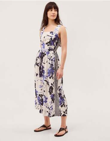 Nicolette Floral Linen Blend Midi Dress Blue