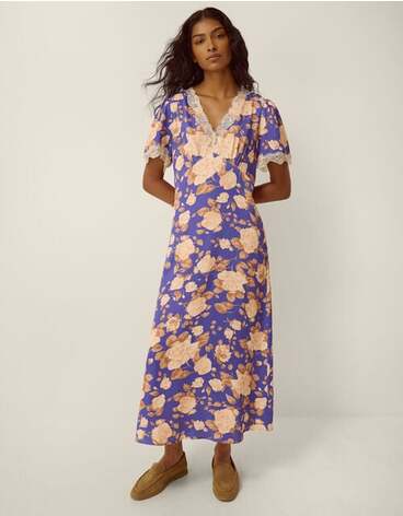 Lori Lace Floral Satin Midi Dress Blue