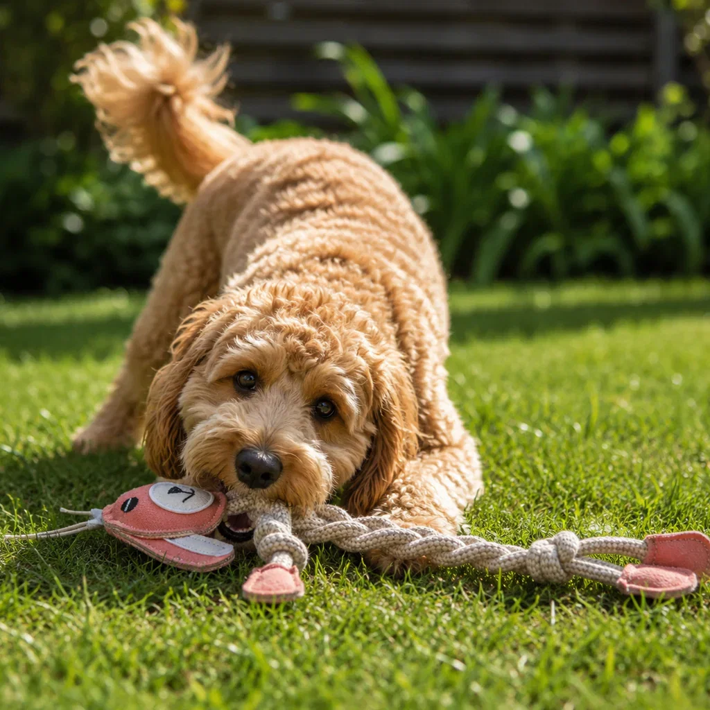 Goldendoodle playing with pink and tan rope toy on grass in sunny garden