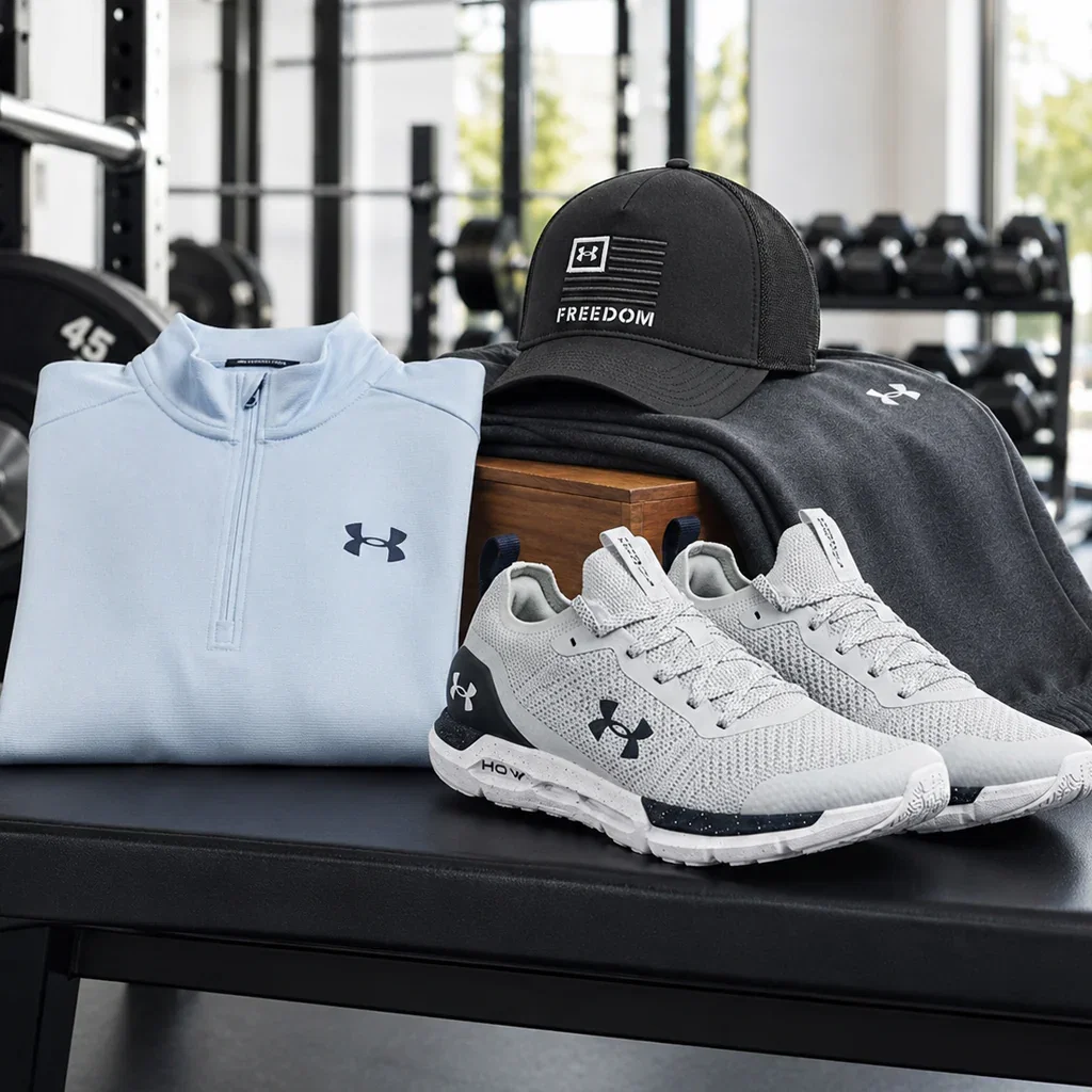 Under Armour athletic collection displayed on black table: light blue quarter-zip top, white sneakers, black hoodie, and Freedom cap in gym setting.