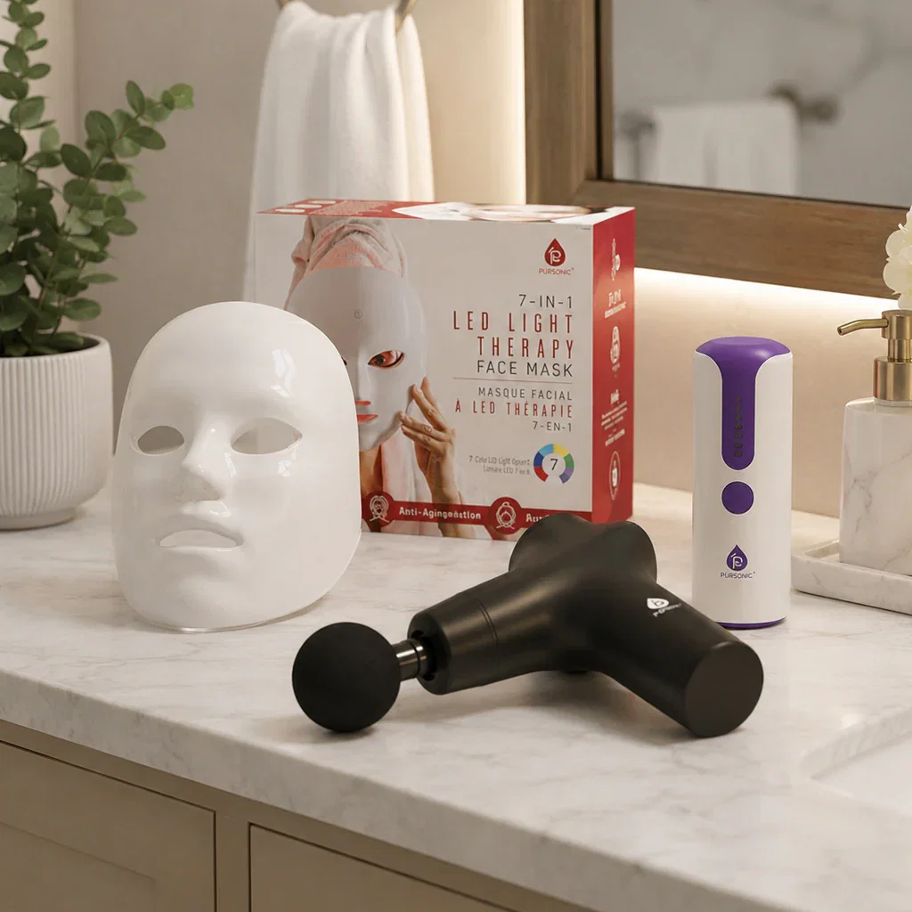 Pursonic wellness collection featuring LED light therapy mask, facial massager, and skincare devices on marble bathroom vanity.