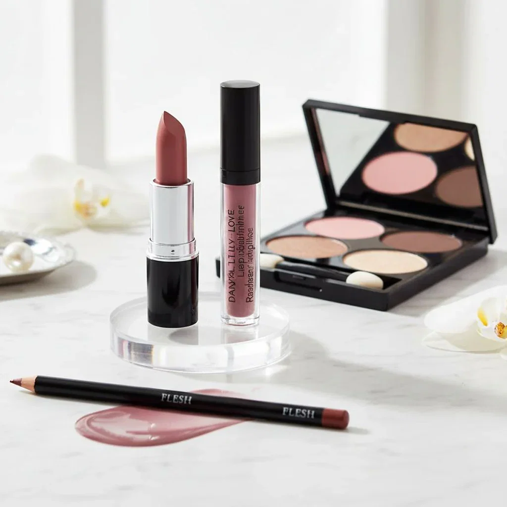 Danyel Cosmetics & Marli Skin Care collection featuring lipstick, lip gloss, eyeshadow palette, and lip pencils on marble surface.