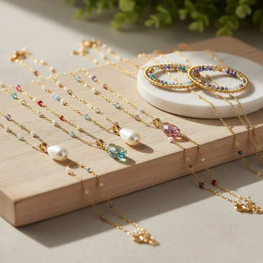 Elegant gold beaded necklaces and colorful gemstone bracelets displayed on natural wood, showcasing Shine with Parken Jewelry collection.