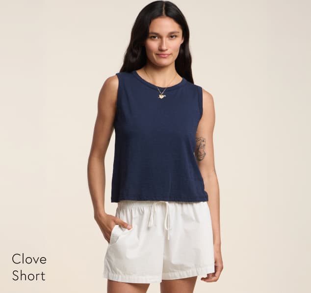Image shows a model wearing the Clove Shorts in Beach.