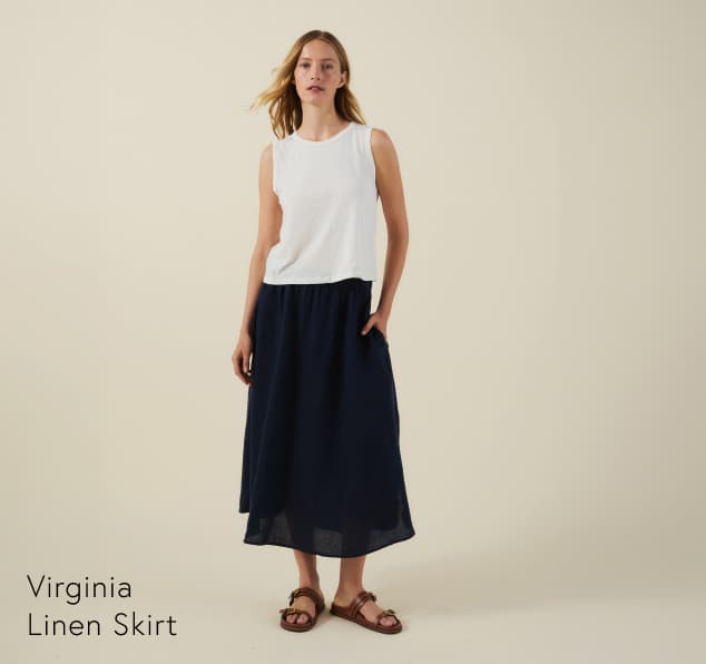 Image shows a model wearing the Virginia Skirt in Beach.