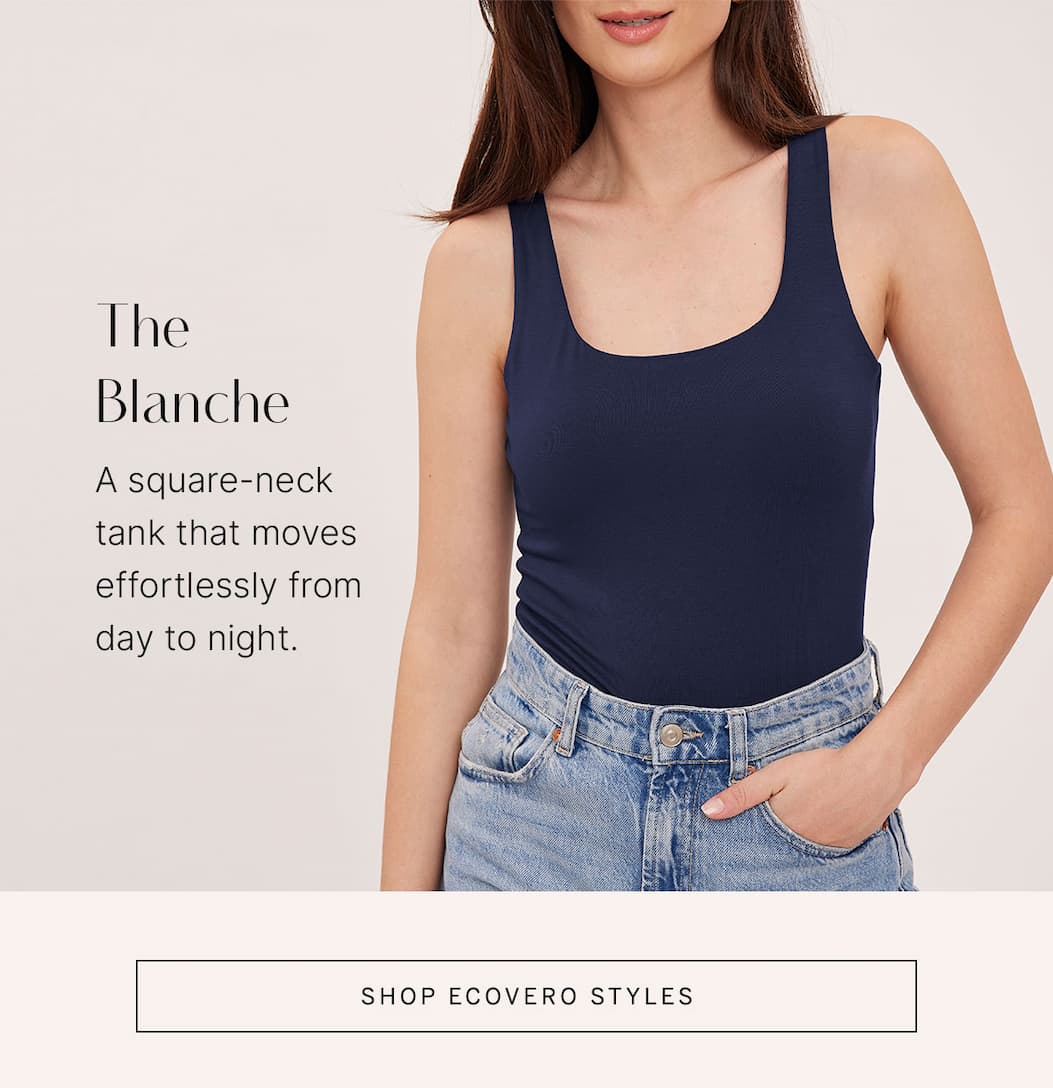 Model wears a navy square-neck Blanche tank with jeans. Text describes an effortless day-to-night style.