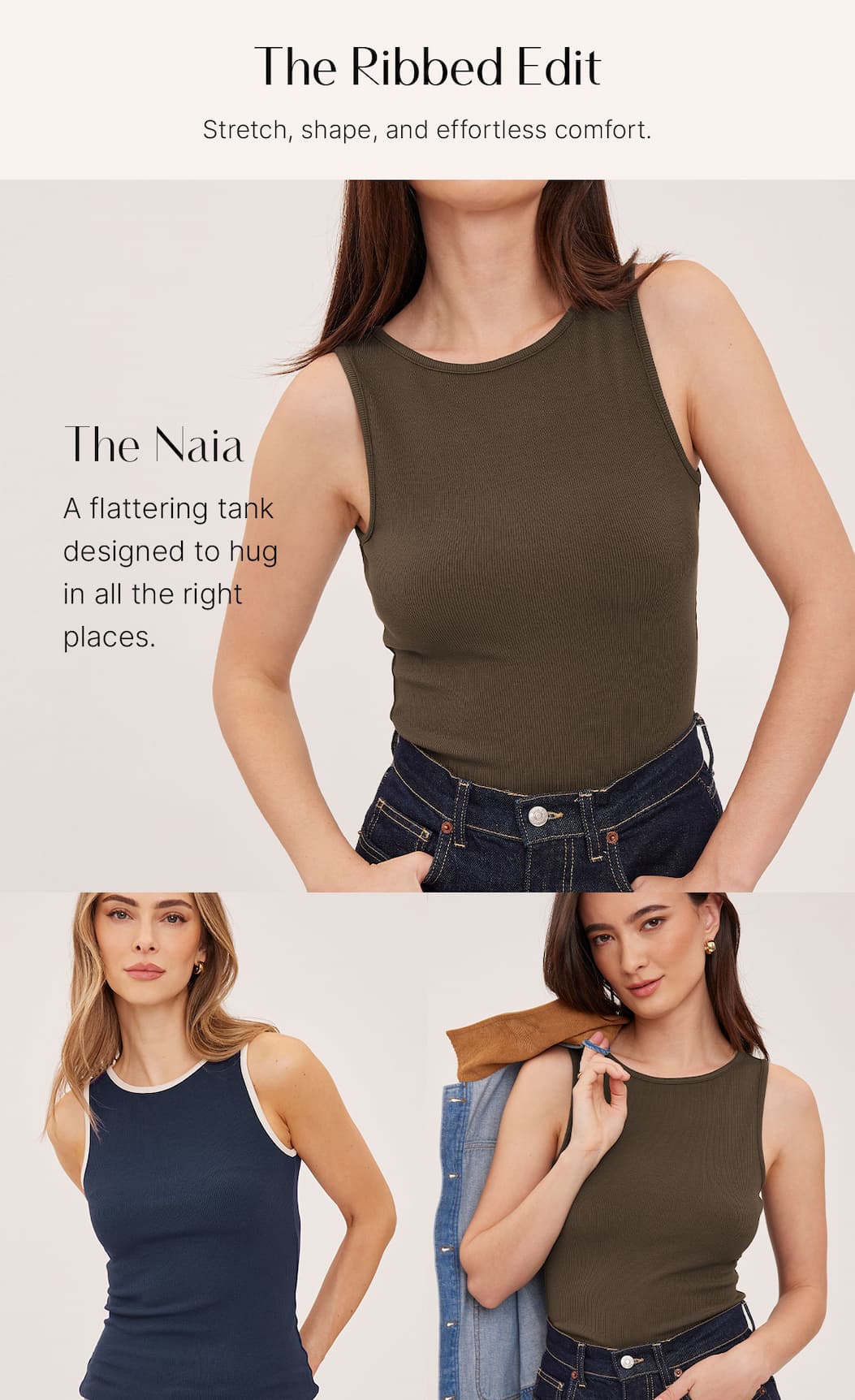 Models wear olive and navy ribbed Naia tanks. Text: “The Ribbed Edit” and “Stretch, shape, and effortless comfort.”