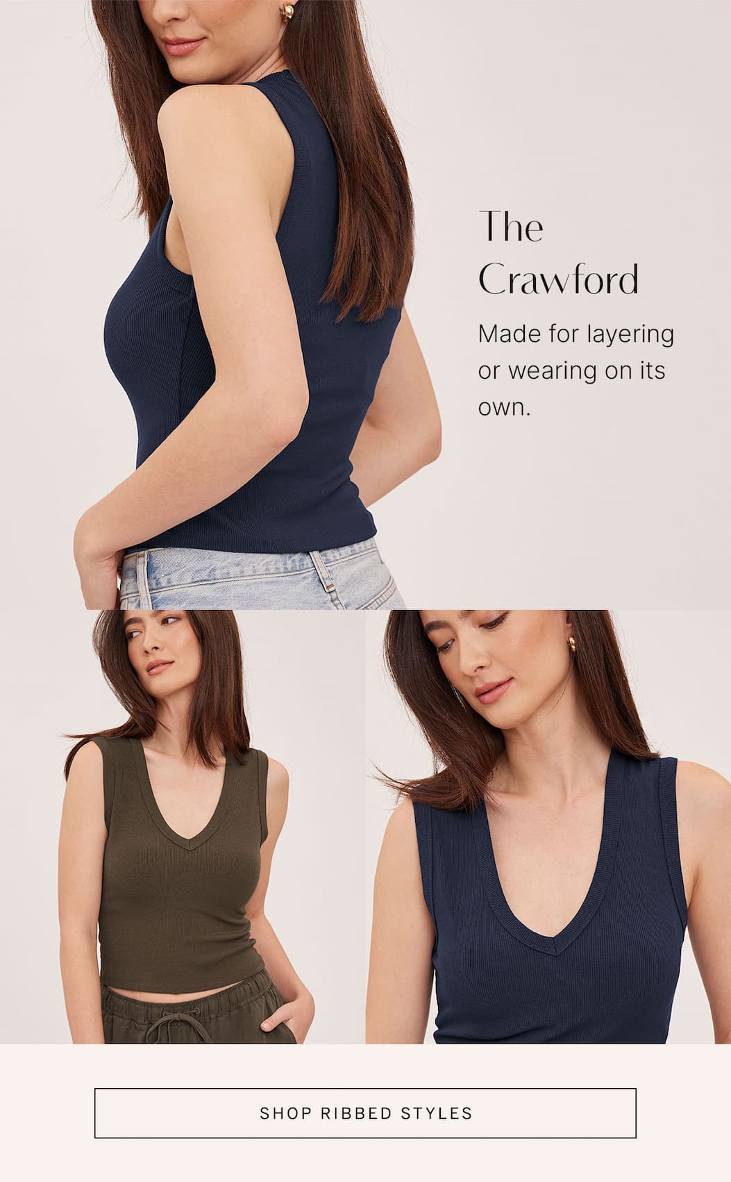 Models wear navy and olive ribbed Crawford tanks. Text describes them as ideal for layering or wearing alone.