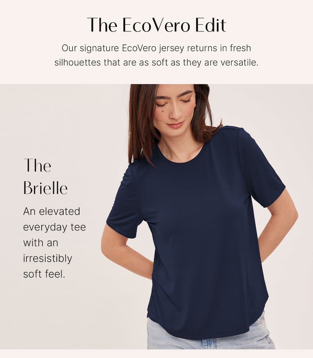 Model wears a navy Brielle T-shirt. Text: “The EcoVero Edit” and “An elevated everyday tee.”