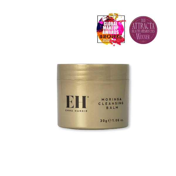 Emma Hardie Moringa Cleansing Balm on a white background with Global Make Up Awards and Attracta Awards winner awards logos.