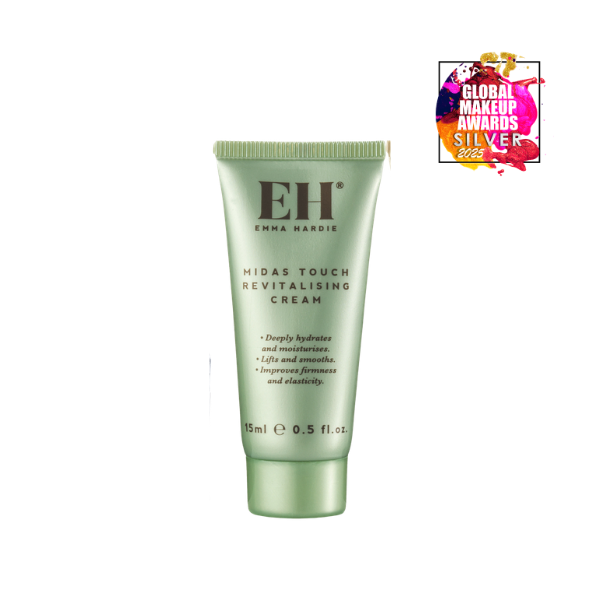 Emma Hardie Midas Touch Revitalising Cream mini tube on a white background with a Global Makeup Awards logo