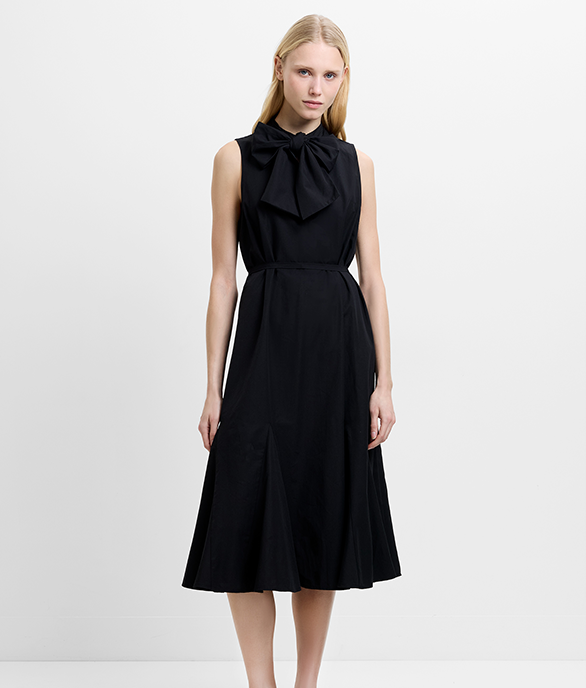 Era Poplin Sleeveless Godet Bow Black Midi Dress