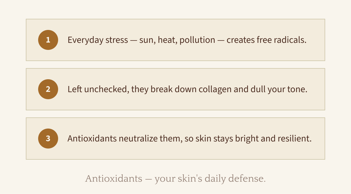 1. Everyday stress — sun, heat, pollution — creates free radicals. 2. Left unchecked, they break down collagen and dull your tone. 3. Antioxidants neutralize them, so skin stays bright and resilient. Antioxidants — your skin's daily defense.
