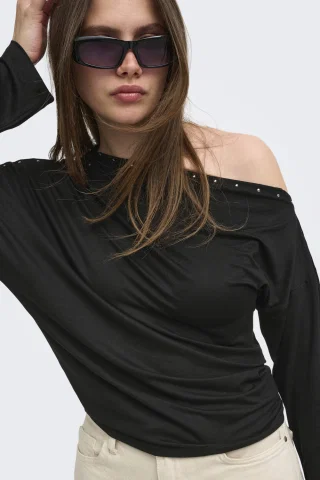 ONLROX L/S OFF SHOUDER CS JRS 15391049 BLACK/GUN METAL STUDS
