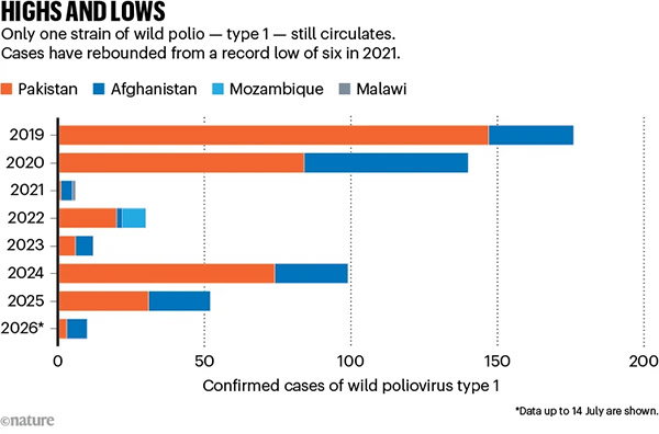 A bar chart shows the number of cases of wild poliovirus type 1 (2019–26). Since 2023, cases have only been detected in Pakistan and Afghanistan.