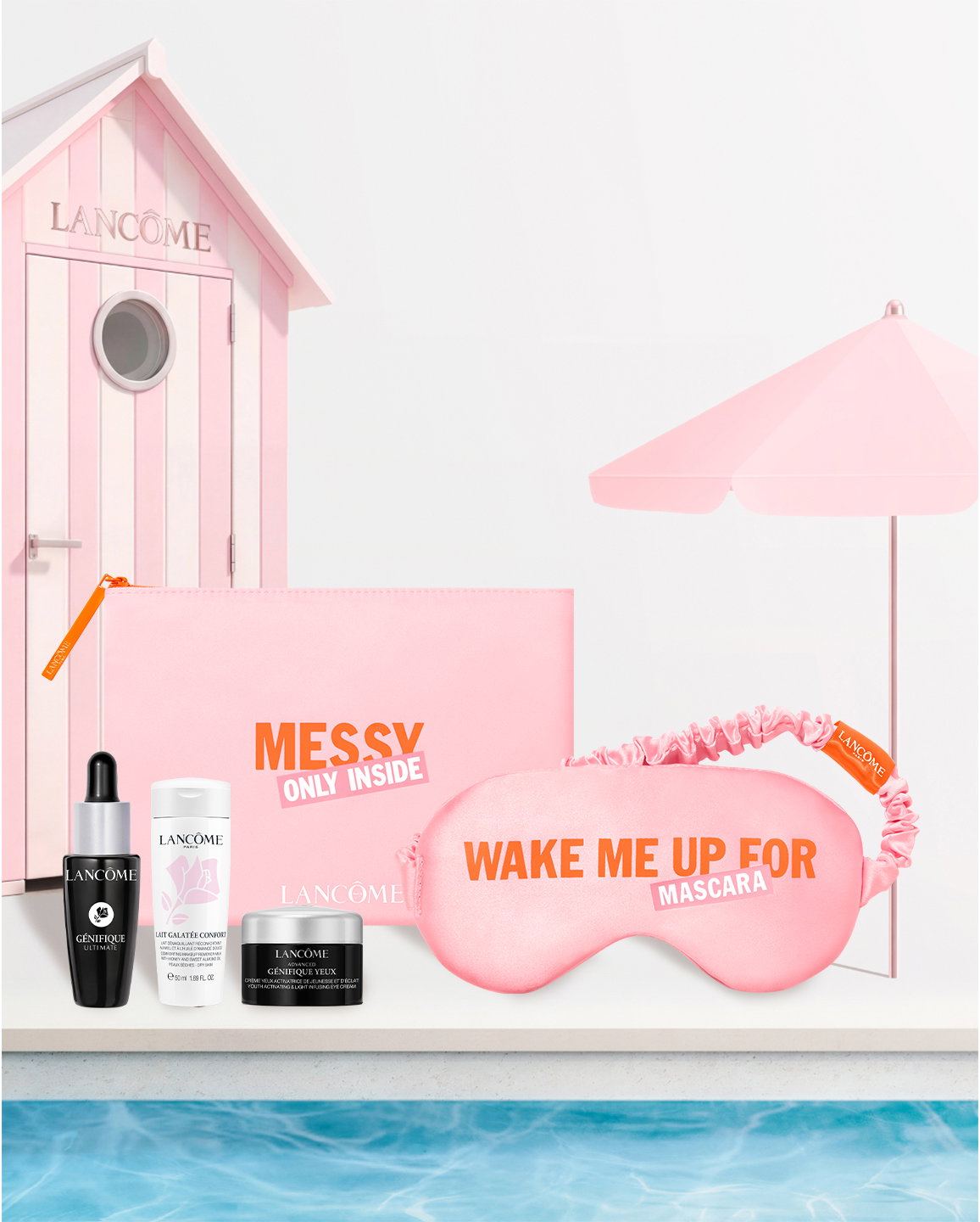 Beauty set Lancôme Génifique, pochette rosa "Messy Only Inside" e mascherina "Wake Me Up For Mascara
