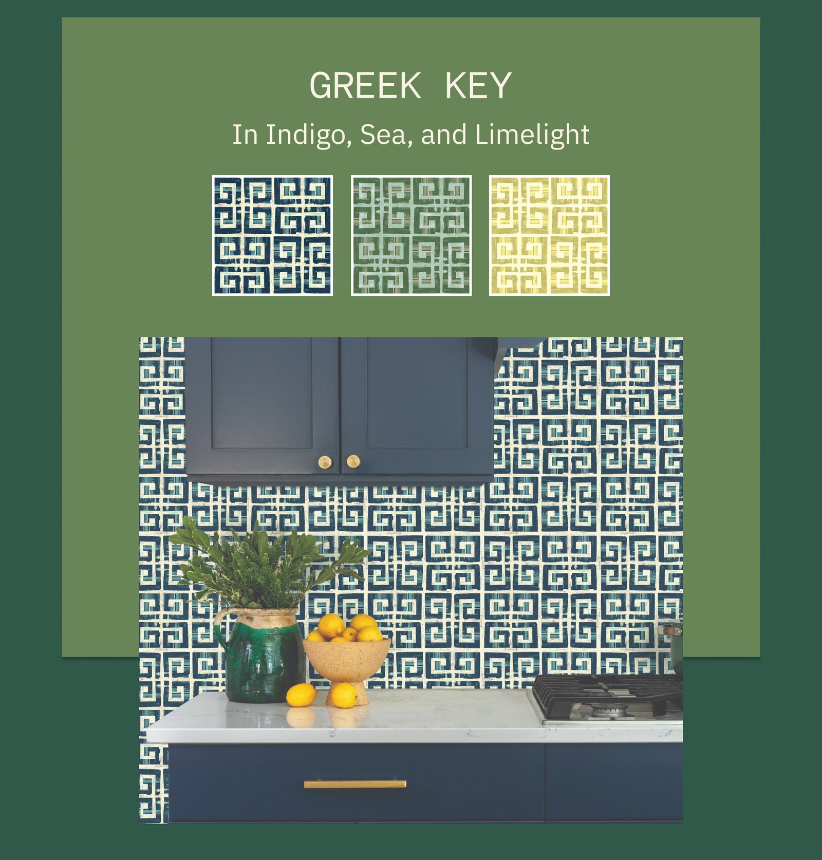 Greek Key In Indigo, Sea, and Limelight