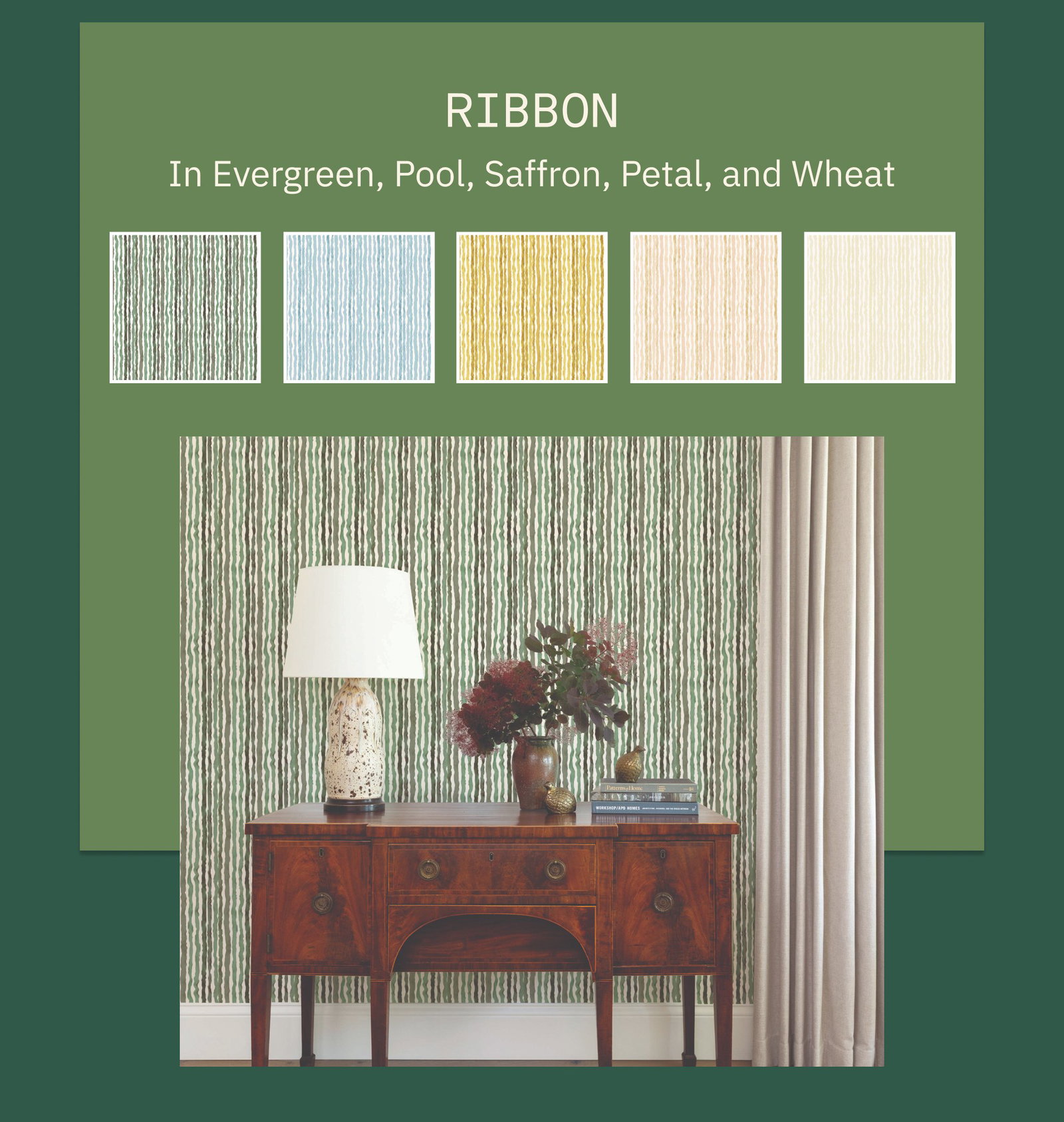 Ribbon In Evergreen, Pool, Saffron, Petal, and Wheat