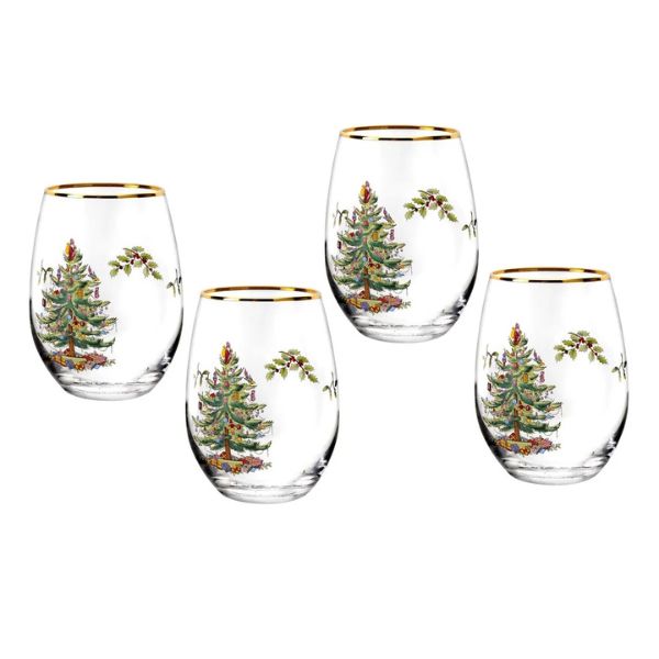 Christmas Tree Stemless Wine Set of 4 (Brown Box)