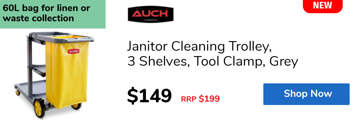 Janitor Cleaning Trolley, 3 Shelves, Tool Clamp, Grey