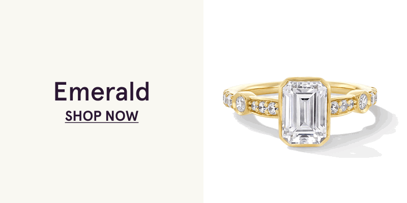 Gold-set band with engraved diamond and emerald-shaped centre stone. Emerald. Click here to shop now