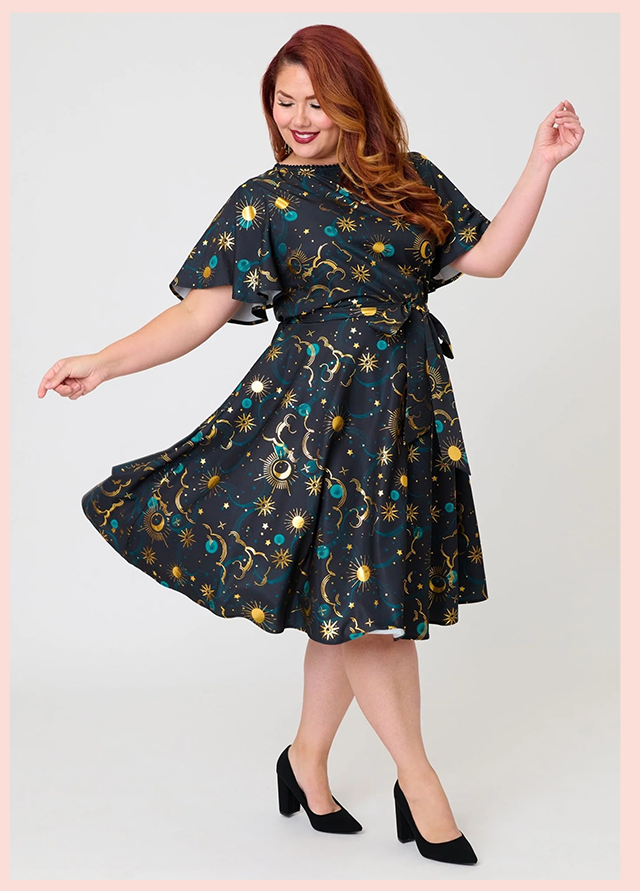 Unique Vintage Plus Size Black Celestial Print Swing Dress