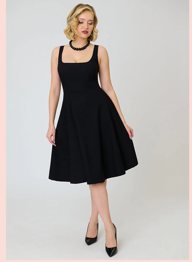 Unique Vintage Black Square Neck Pleated Swing Dress