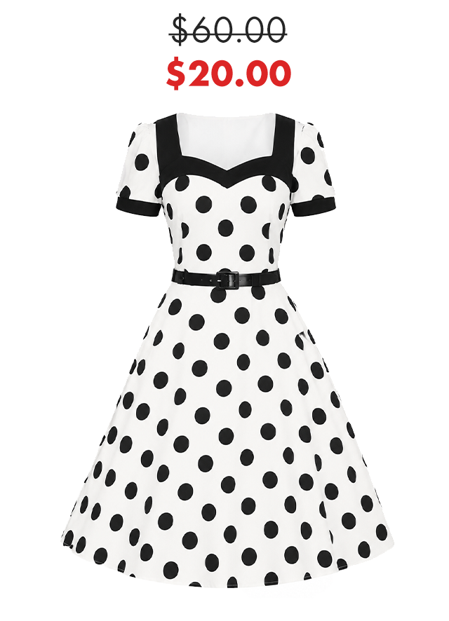 Unique Vintage Ivory & Black Dot Contrast Collared Swing Dress