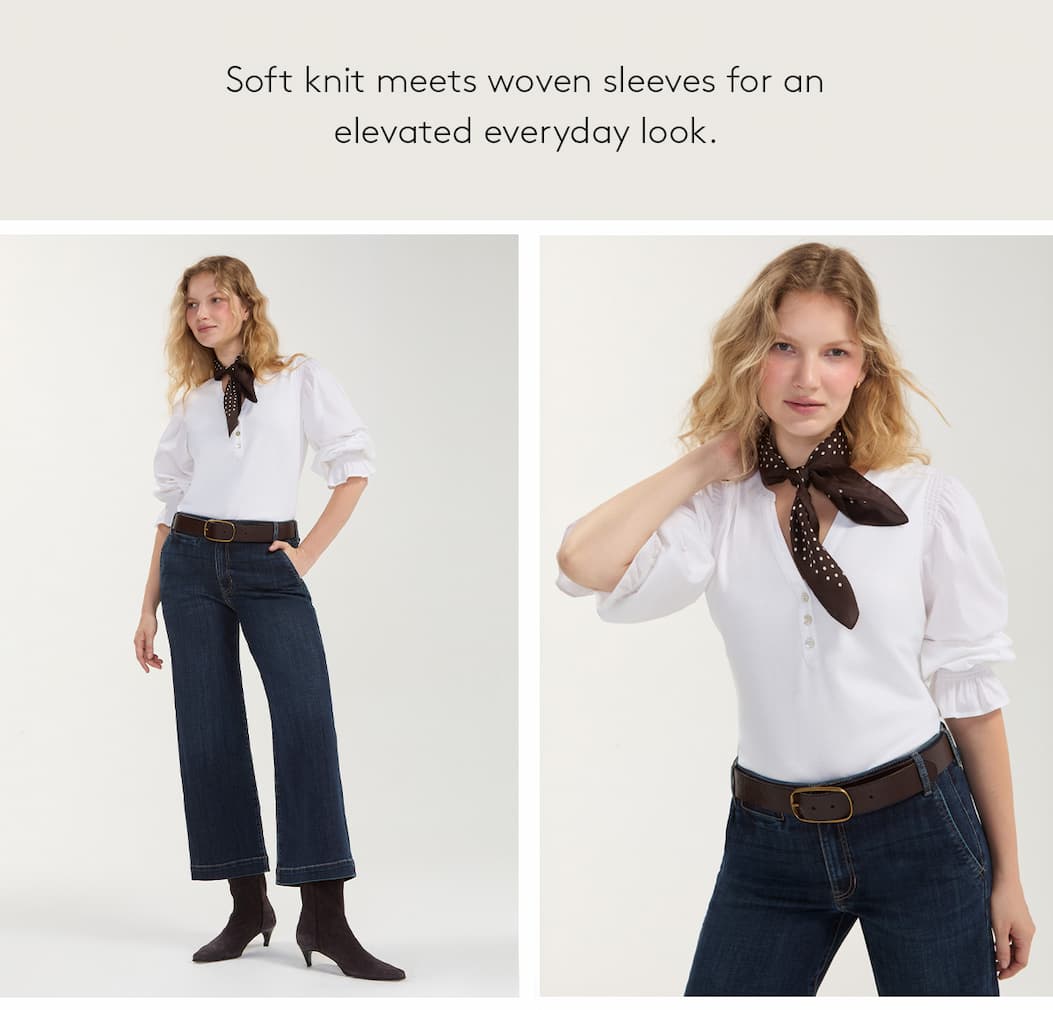 Soft knit meets woven sleeves for an elevated everyday look.