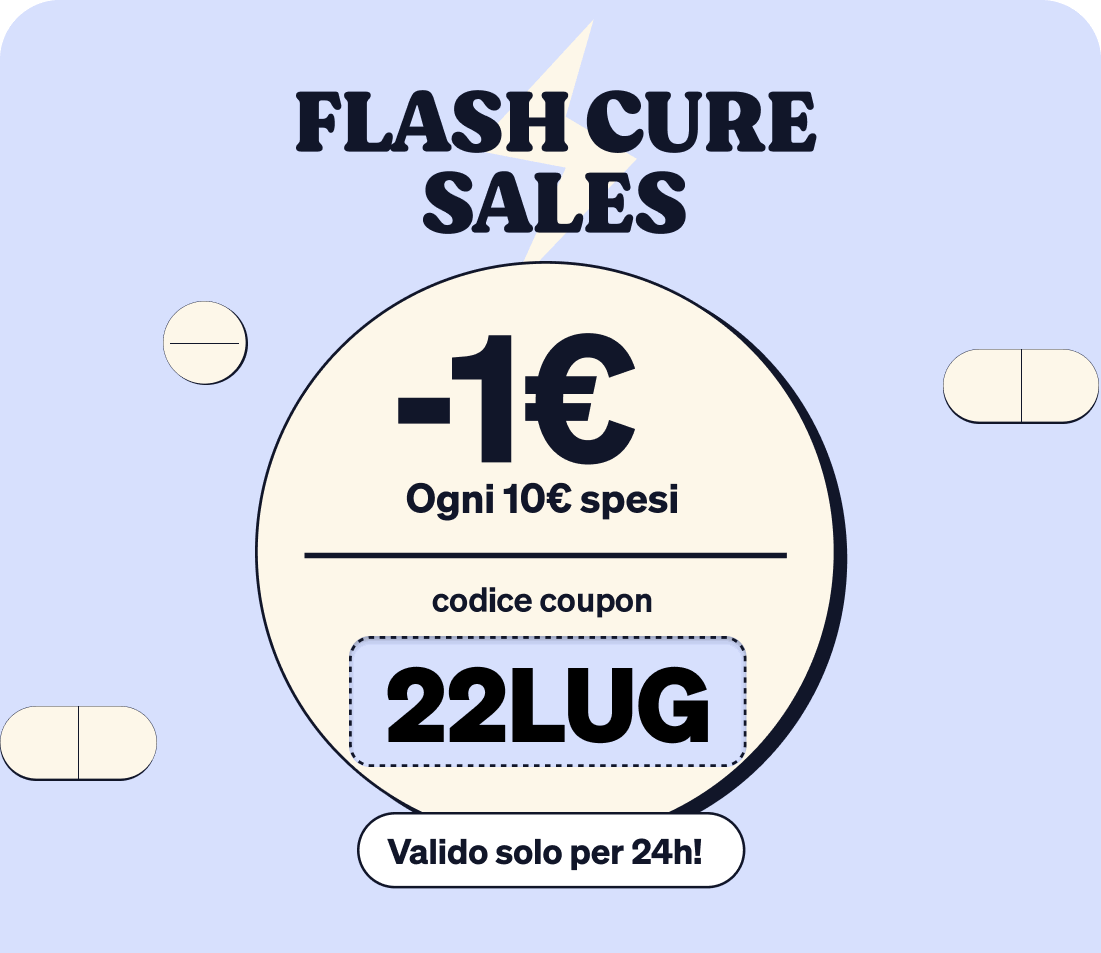 Promotional graphic: 'FLASH CURE SALES' coupon -1€ for every €10 spent, coupon code 22LUG, valid 24 hours