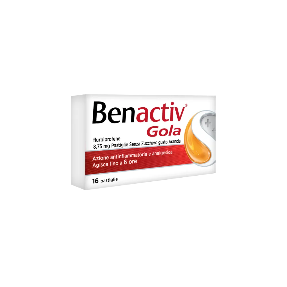 Benactiv Gola Pastiglie Per il Mal di Gola Gusto Arancia Senza Zucchero 16 Pastiglie