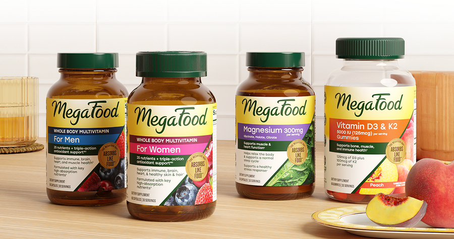 MegaFood Whole Body Multis, Magnesium 300, and Vitamin D3 & K2 Gummies on a countertop
