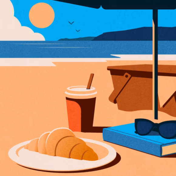 Illustration showing a croissant, book and coffee cup under a parasol on a beach, linking to BA High Life site.​