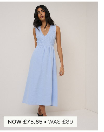Blue Ruched Sleeveless Audrey Midi Dress