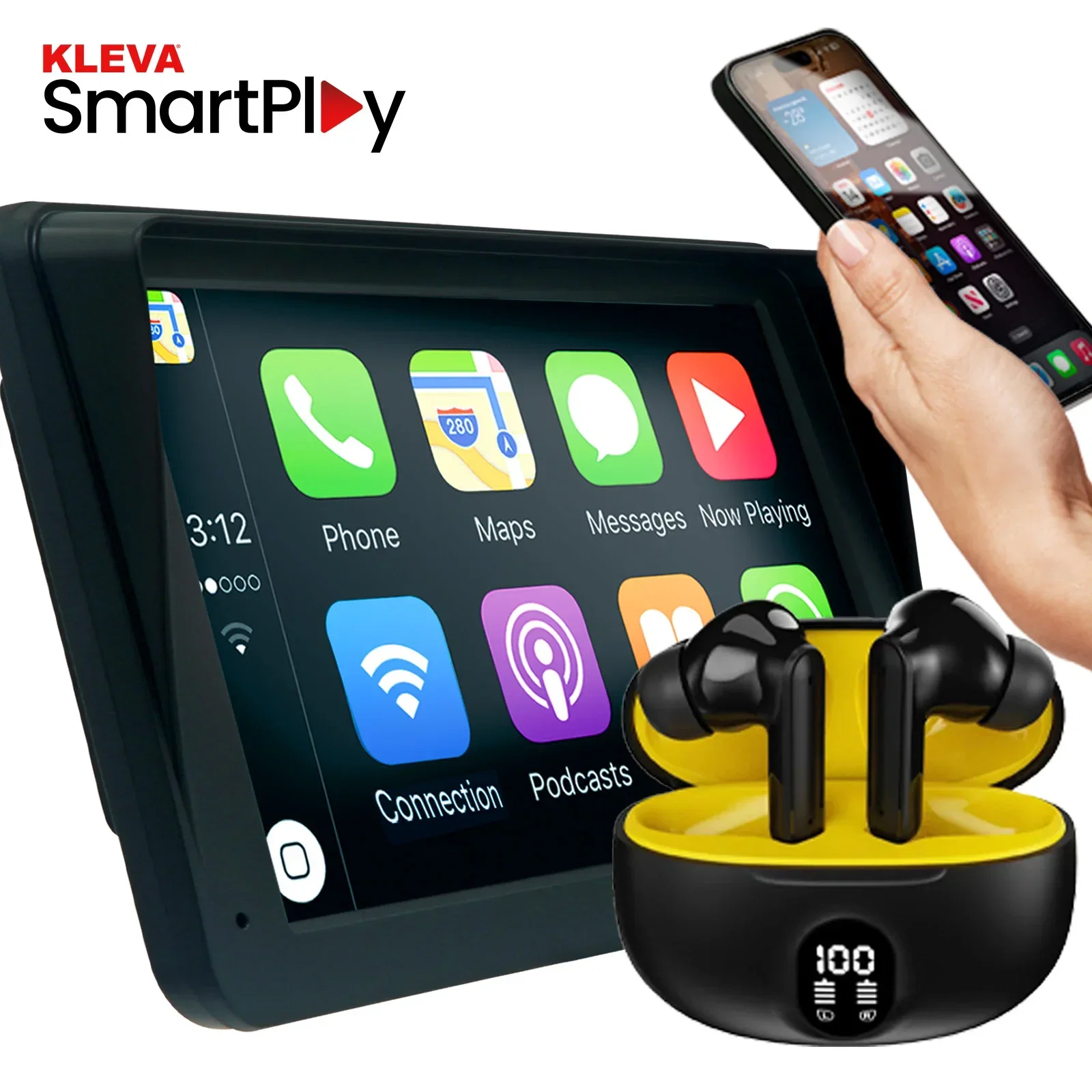 Image of 7" HD Touch Portable Kleva SmartPlay - Apple CarPlay Android Auto Wireless + FREE AudioPods