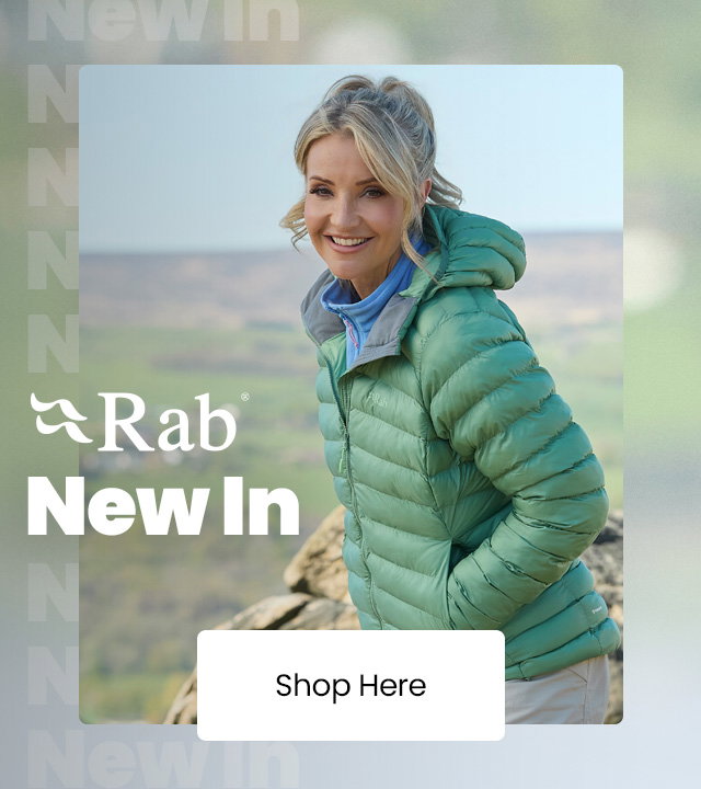 Rab New In campaign banner showing a green insulated jacket in a countryside setting with a Shop Here call-to-action.