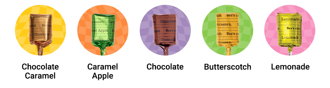 Chocolate Caramel Lollypop, Caramel Apple Lollypop, Chocolate Coconut Lollypop, Root Beer Lollypop, Orange Cream Lollypop