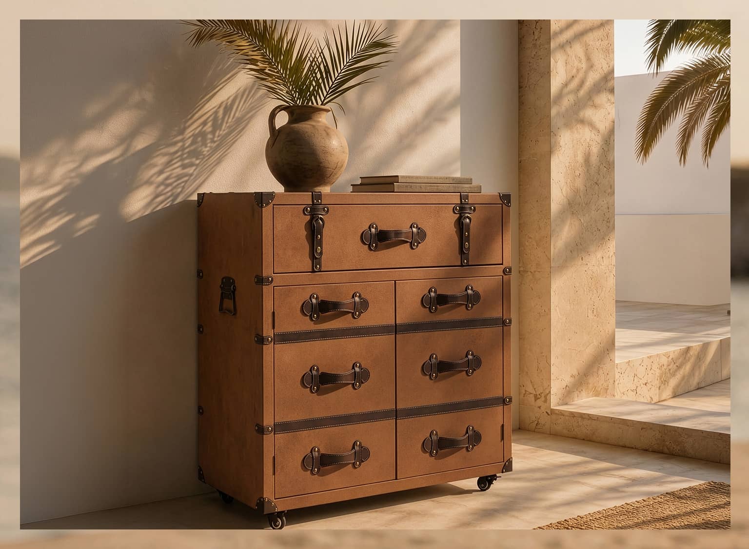 Ein brauner vintage Kommode mit Metallbeschlägen steht in einem hellen Raum, darauf eine Vase mit Palmblättern und einige Bücher.