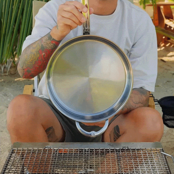 GIF: Philip Lemoine cooking by the beach using Hestan cookware