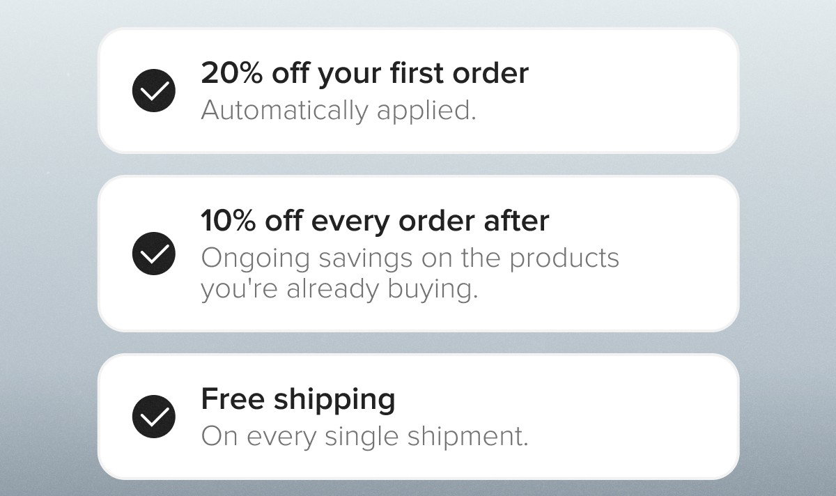20% off your first order | 10% off every order after | Free shipping