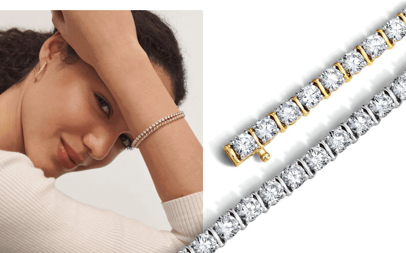Woman wearing a white gold and yellow gold tennis bracelet and hoops. Close-up of white and yellow gold tennis bracelets.