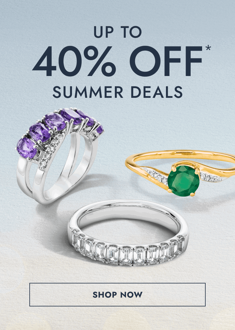 Three different gemstone rings, purple, green and white. Up to 40% Off summer deals. Click shop now.