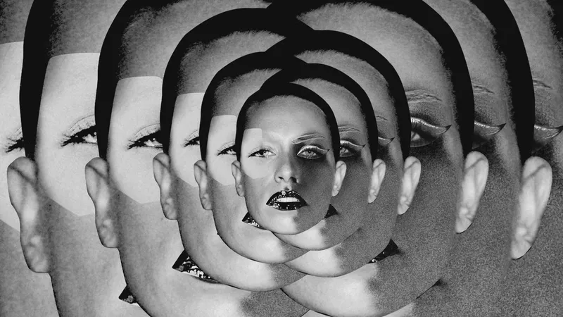 The same image of black-and-white image of a woman's face, layered on top of one another to create a kaleidescope-like effect. 