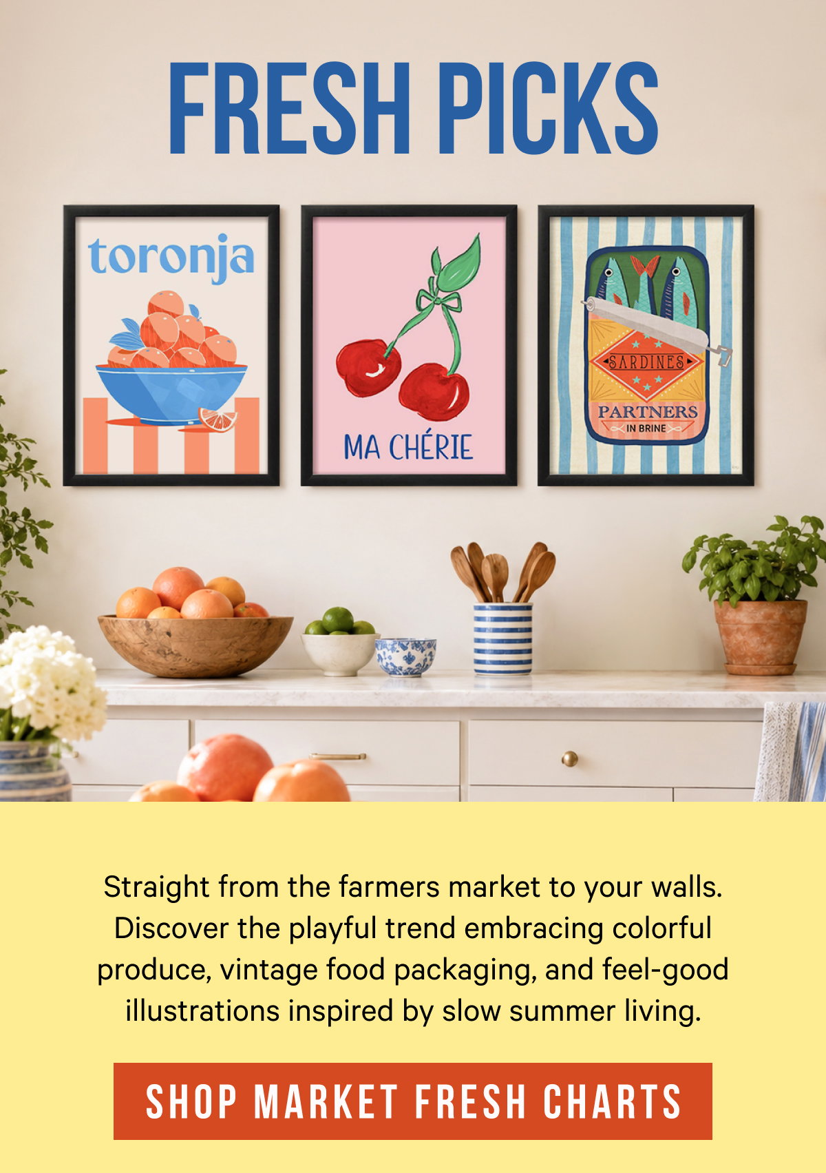 Fresh Picks: Straight from the farmers market to your walls. Discover the playful trend embracing colorful produce, vintage food packaging, and feel-good illustrations inspired by slow summer living.