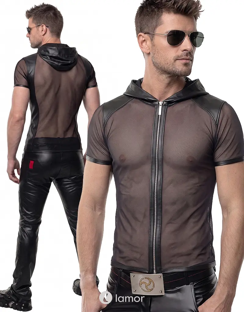 Heren mesh T-shirt met capuchon zwart, ADGinter001